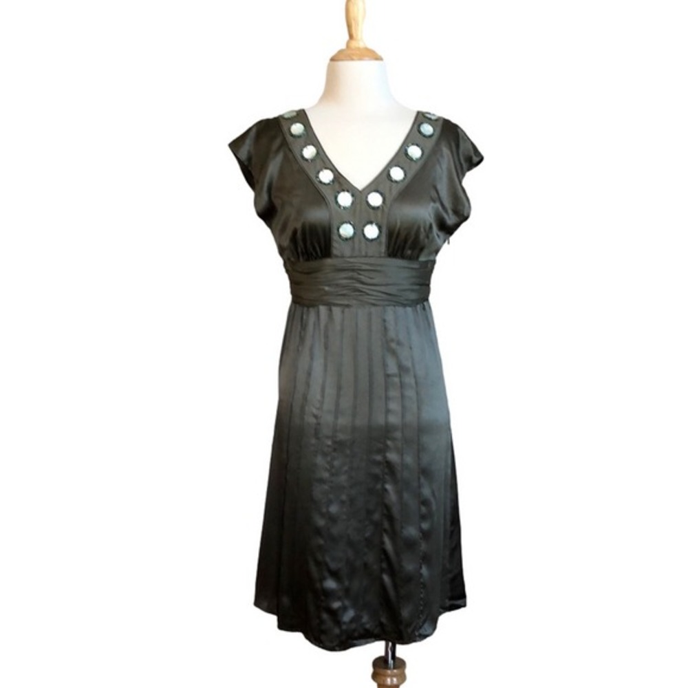 ANTONIO MELANI Women's Size 4 Olive Green Pleated Silk Sleeveless Dress Beaded